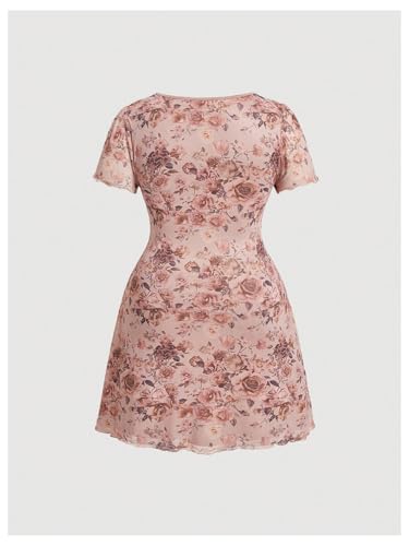 Image of WDIRARA Women's Plus Size Vintage Floral Mesh Mini Dress Short Sleeve Ruched A Line Dresses