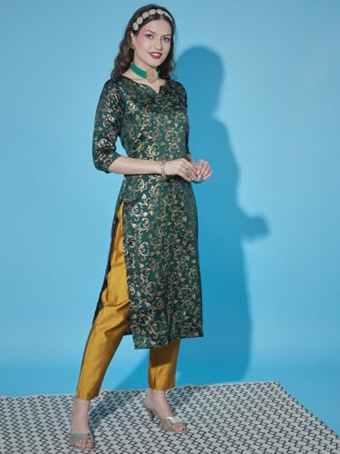 Image of VredeVogel Women's Cotton Silk Jacquard Kurta Pant Set with Banarasi Woven Self Designed Dupatta