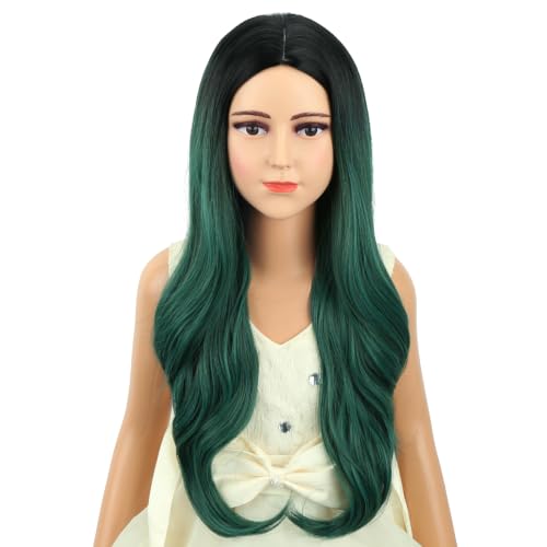 Image of Black and Green Wig Long Black and Green Middle Part Wig Long Wavy Curly Wigs Heat Resistant Synthetic Wigs for Daily Party Use