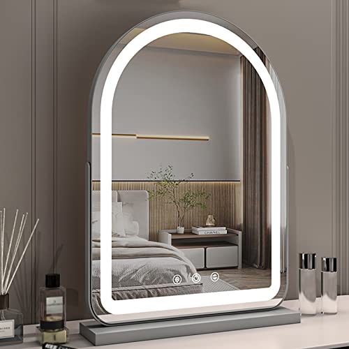 Espejo de maquillaje con pantalla táctil, luces LED y diseño arqueado de tocador