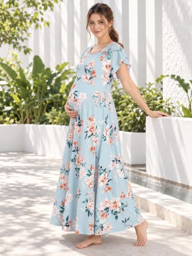 Image of CLOUD SOFT Women's Rayon Cotton Floral Printed Maternity Feeding Gown | Full-Length Nursing Nighty with Zipper | Pre & Post Pregnancy Dress (CS11004-5 MT All)