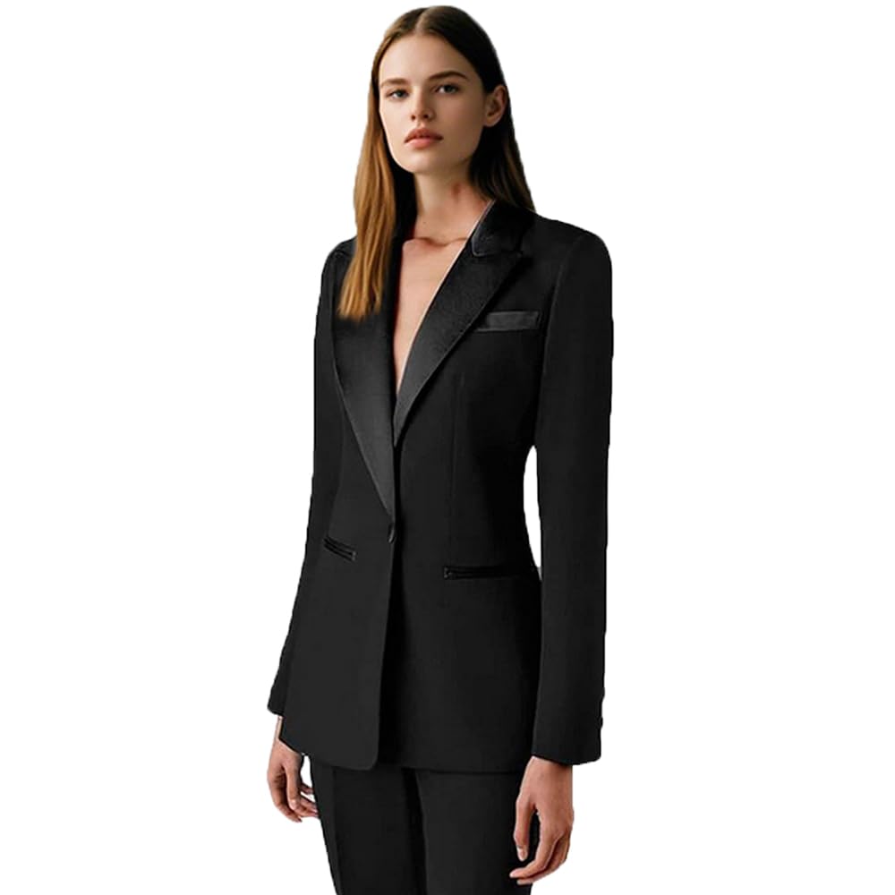 Completo da donna in due pezzi, con risvolto a punta, con tasca a getto, pantaloni da donna, per ufficio, lavoro, slim fit, abbigliamento casual, blazer e pantaloni