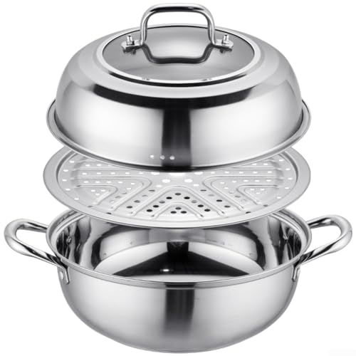 Stainless Steel Hot Pot Steamer, Thickened Multi-Purpose Steamer Double Layer Soup Pot, Combination Lid Induction Cooker Steamer(32cm)