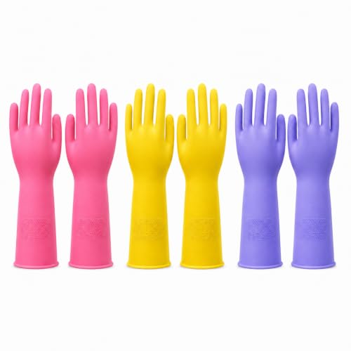 SLICK KIT Rubber Kitchen Dishwashing Gloves, 3 Pairs, Pink/Yellow/Purple