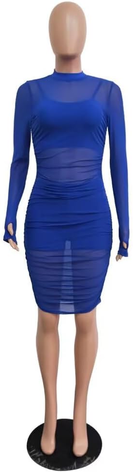 Women 3 Piece Outfits Sexy Crop Top Short Set Mesh See-Through Ruched Bodycon Midi Dress Clubwear - Image 4