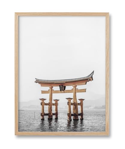HesenDot 12x16in Framed Wall Art, Zen Floating Torii Gate Canvas Print,Natural OAK Frame,Minimalist Waterscape Wall Decor for Bedroom Study Entryway Office Home,Set of 1
