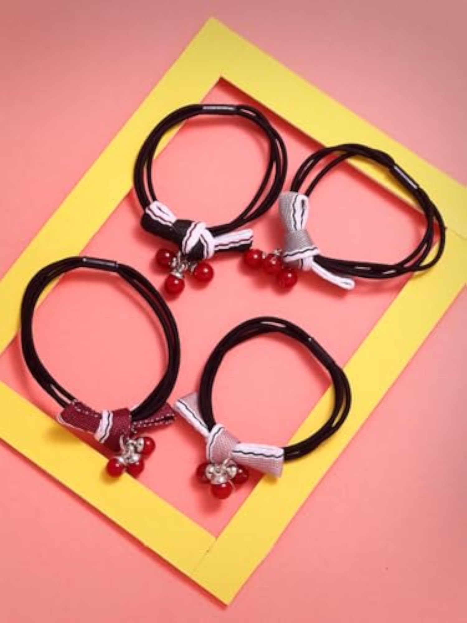 Set of 4 Bow Detail Beaded Ponytail Holders for Girls