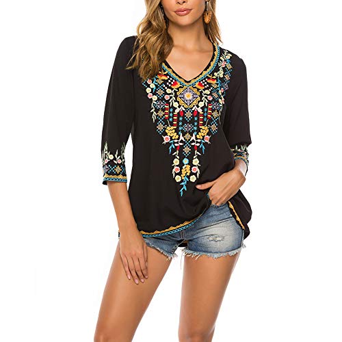 Ak Women's Embroidered Tops 3/4 Sleeve Traditional Mexican Shirts For Women V Neck Peasant Tunic Blouses Black #TOP1