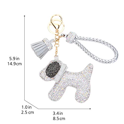 Fawziya Dog Keychain With Tassle Rhinestone Keychains- Silver