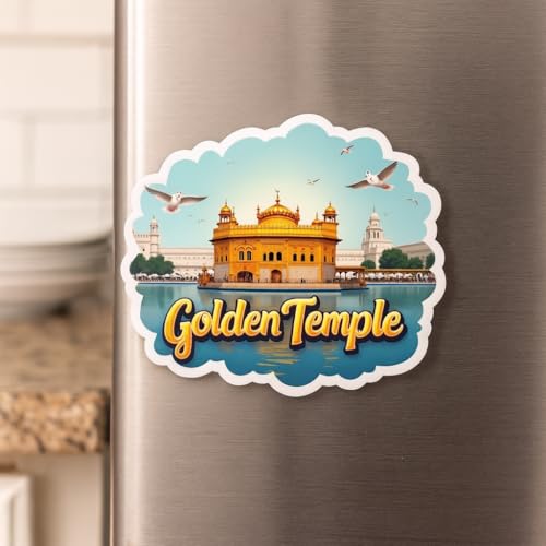 Image of Naxon Golden Temple Amritsar Theme Souvenir Wooden Fridge Magnet | Sri Harmandir Sahib Printed Refrigerator Magnet for Kitchen & Home Decor | Religious Travel Gift | Size 3x3 Inch | Pack of 1