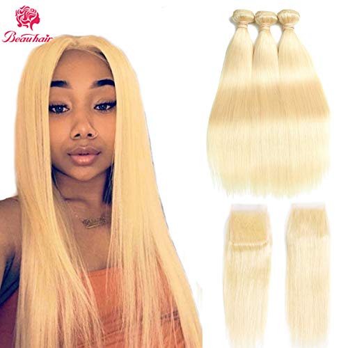 613 Straight Human Hair Bundles With Closure 3 Bundles Blonde Brazilian Virgin Hair with Lace Closure Unprocessed Hair Extensions with Free Part Closure(12 12 12+10 Closure)