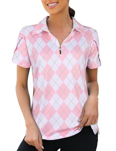 Viracy Womens Golf Polo Shirts Women's Golf Clothing 1/4 Zip Up Overlap Short Sleeve Quick Dry Workout Tops, Pink, X-Large