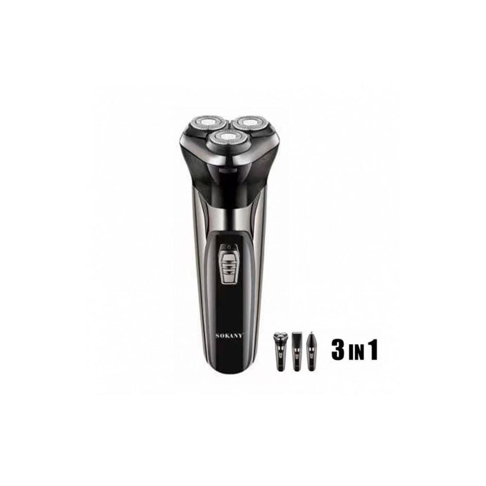 SOKANY SK-9917 3-in-1 Electric Shaver retail box showing the product and its features.