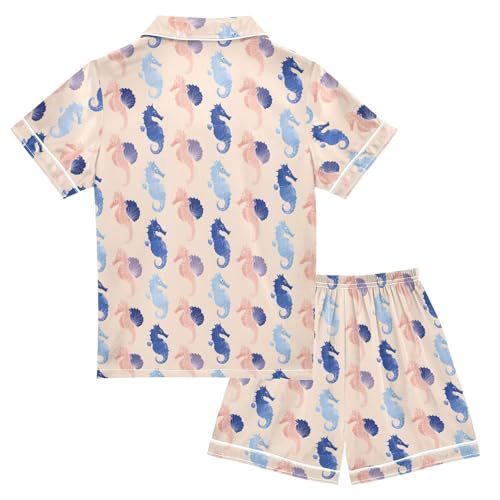 Blue Pink Seahorse Pajamas Sets Short Sleeve Silk Stain Pjs Button Down Sleepwear for 5-14Y2