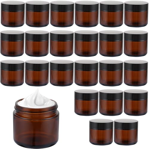 ZOFUN 25 tarros de crema para rellenar 60 ml, de cristal ámbar, botes vacíos para ungüentos, tarros de crema de vidrio marrón, botes para ungüentos, recipientes vacíos con tapa y forro para cosméticos