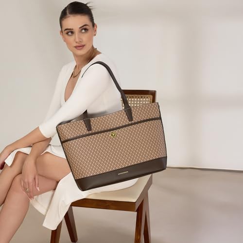 Image of Accessorize London Women's Brown Monogram Print Tote Bag | Large Capacity Handbag | Stylish Shoulder Bag For Ladies