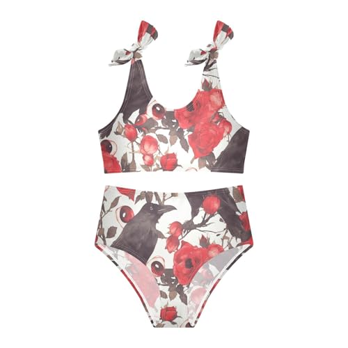 KLL Red Roses with Eyeballs and Black Crows Girl Two Piece Bikini Sets Scoop Neck Swimsuits Swimwear Cute Shoulder Strap3