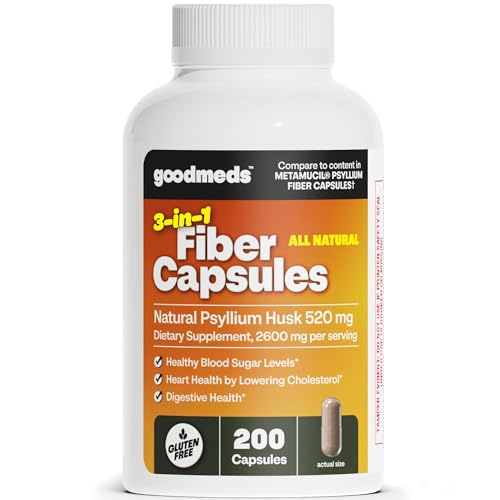 GoodMeds Psyllium Husk Fiber 520mg Capsules Supplement Soluble Dietary Colon Support for Women and Men, Restore Digestive Regularity and Balance (200 Count)