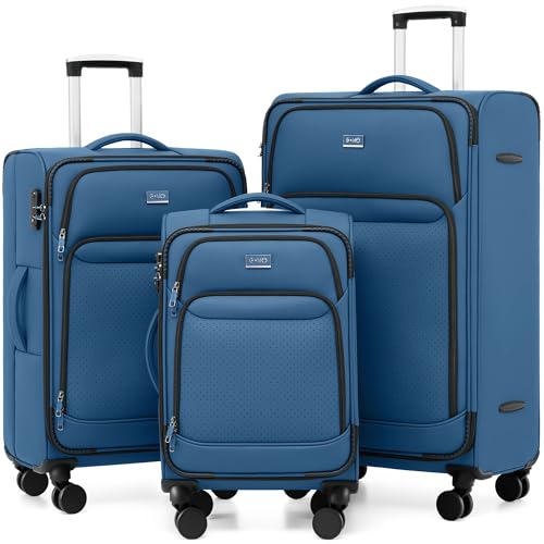 Coolife Luggage Sets 3 Piece Upgraded Softside Lightweight Spinner Luggage Set Durable 1800D Suitcases with Dual Spinner Wheels & TSA Lock 20/24/28 (Deep Blue 3-Piece Set (20/24/28))
