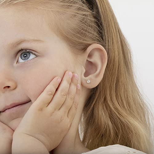 14k White Gold 4mm Baby Girl's Round Simulated Birthstone Prong Setting Screw Backs for Infants & Toddlers - Elegant Round Stud Cubic Zirconia Earrings For a Girls Birthday2