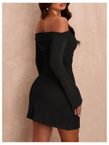 Image of SOLY HUX Women's Ruched Off The Shoulder Bodycon Mini Dress Long Sleeve Party Dresses