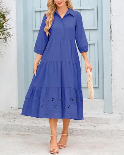 Image of Women Button Down Maxi Shirt Dress Long Sleeve Flowy Tiered Collared Dresses with Pockets