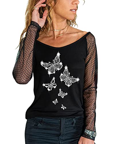 datasy Femme Top Col V Elegant Haut Sexy Manches Longues Chemisier Chic à Epaule Nue pour Femme Tunique Grande Taille Décontractée Humour Motif de Papillon XL Cover