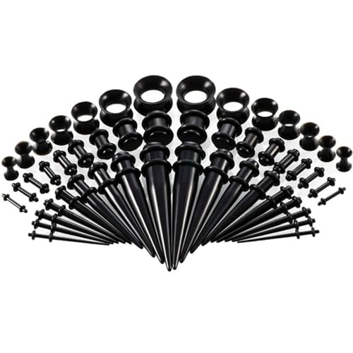 saerryor 50PCS Ear Stretching Kit 14G-00G Acrylic Ear Taper Kit and Silicone Tunnel Ear Gauges Expander Set Black Ear Stretcher Body Piercing Jewelry