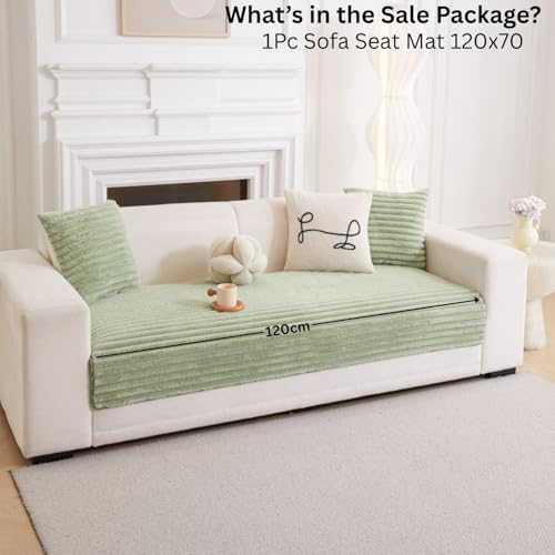 Image of HOMETHREADS 600GSM Thick & Soft Rabbit Fur Plush Sofa Cover-Luxurious Cozy Slipcover, Washable & Pet-Friendly, Anti-Scratch Protector for Sofas (Faux Linning Green, 2 Seater Small | 120x70cm)