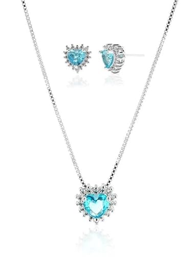 Conjunto de Colar e Brincos de Coração Azul Rodeado de Zircônias folheado em ródio branco