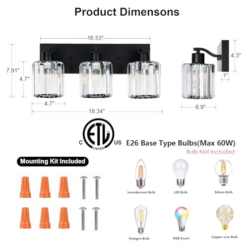 Image of Crystal Bathroom Vanity Lights 3 Lights Bathroom Light Fixtures Over Mirror 18 Inch Vanity Light for Bathroom Wall Sconce for Mirror Kitchen Hallway Cabinet