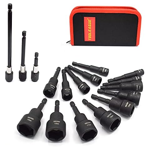 TOOLEAGUE Magnetic Nut Driver Set for Impact Drill Cr-V Steel 1/4" Quick-Change Hex Shank 17 Piece Metric Sizes 6 to19 MM with Storage Bag Cover