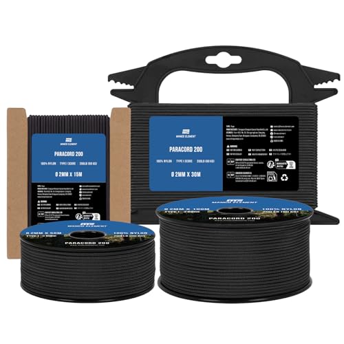 Manco Element 2mm Paracord 15m 3 Hebras Tipo I Negro | 100% Cuerda de Nailon | Capacidad de 90KG   Ideal para Bricolaje, Al Aire Libre, Camping