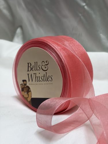 Image of Bells&Whistles Sheer Organza Ribbon | Pack of 2 | Length: 50 Yards Width: 1 inch | Christmas, Festive Decoration. (Flamingo)