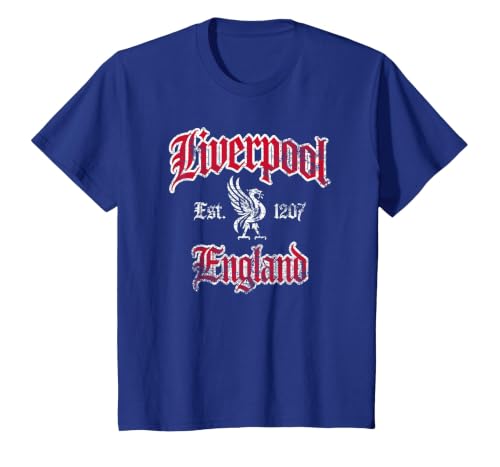 Liverpool England Est. 1207 Red and White Distressed Print T-Shirt, Youth, Royal Blue, Small