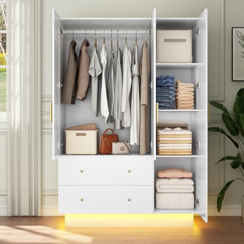 Hlivelood 3 Door Armoire Wardrobe Closet Cabinet with Mirror and LED Light, 2 Drawers, 3 Doors, Hanging Rod, Large Capacity Storage Wardrobe Armoire for Bedroom, White