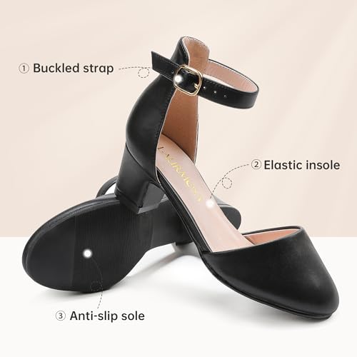 Image of LAURMOSA Girls Dress Shoes Closed Toe Pumps High Heels for Little Big Kid | Flower Shoes for Girls, 1.75-inch Chunky Heel, Ankle Strap, Closed Toe, Wedding, Party, Church, Graduation, First Communion