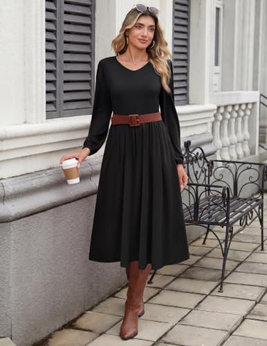 Zeagoo Long Sleeve Midi Dress with Pockets Fall V Neck A-Line Casual Women | a-line Empire waist midi maxi dress with pockets, casual flowy loose fit, elegant modest boho clothes for daily work holiday. — view 6