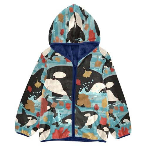 Orca Whales Swimming Fall Leaves Toddler Fleece Jacket Girl Boys Hooded Fleece Jacket Coat Warm Outwear Zip-up 3-10T
