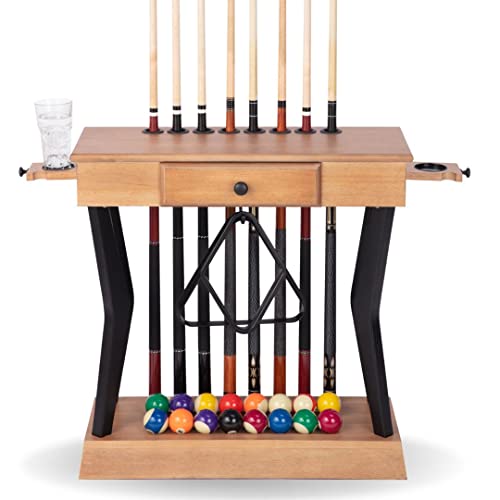 Freetime Fun Carson Pool Cue Holder Floor Stand for 8 Pool Table Sticks, 15 Balls, and 2 Ball Triangles; Pool Rack with Pool Table Accessories Storage