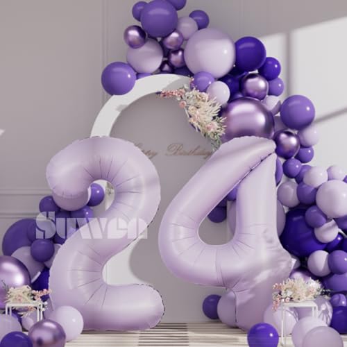 Image of SUWEN 40 Inch Light Purple Lavender Big 24 Balloon Number Foil Helium 0-9 | 24th Large Giant Huge Mylar Jumbo Happy Birthday Party 42 Anniversary Decorations