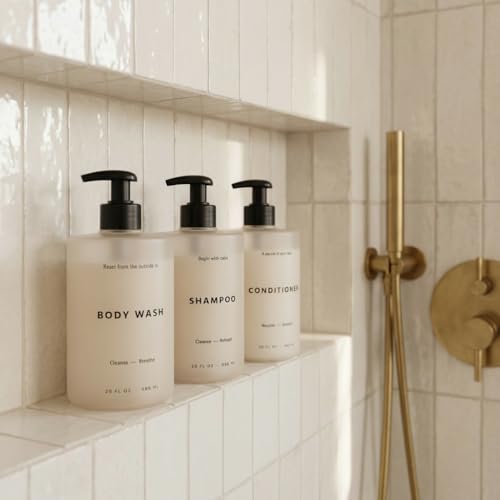 Stylish Shampoo & Conditioner Dispenser Set of 3-20oz Bottles with Pump - Image 2