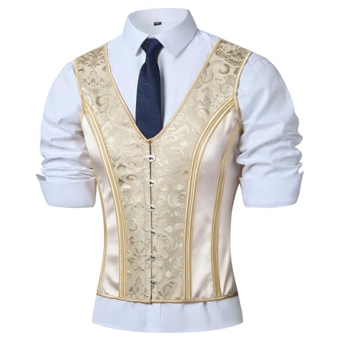 Mens Corset Vest Lace Up Bones Formal Waistcoat Beige Floral Waist Trainer Dress Vest For Wedding Party