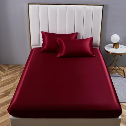 Gezu Drap Housse Satin 160x200cm Vin Rouge Uni Bonnet 30cm