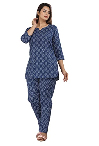 Image of Jaipur ThreadsIndigo Printed Sleepwear Straight Short Kurta & Pyjamas