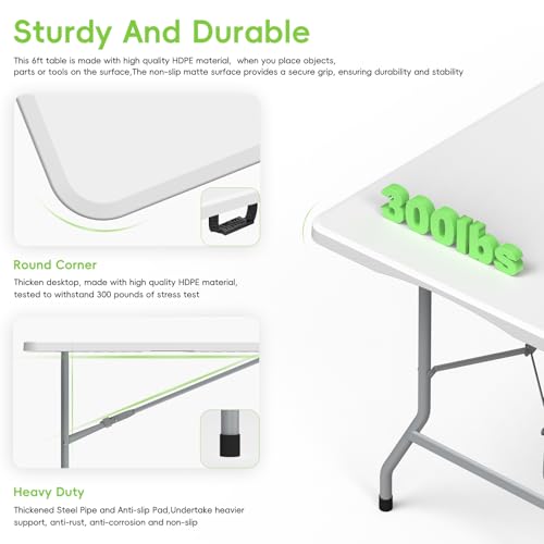HLPB Folding Table Picnic Table Set, 6 ft Camping Table with 2 Benches, Outdoor Indoor Portable Folding Furniture for Working Meeting Party, Camping, Picnic, Weddings w/Handle and Safety Locks, White