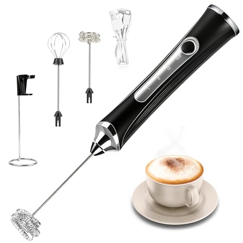 Image of Milk Frother Handheld Rechargeable with Stand 3 Speed Frother Wand | Adjustable Foam Maker Hand Mixer with Detachable Stainless 2 Whisks Electric Coffee Frother Stirrer For Latte, Egg