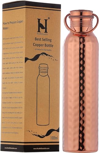 HealthGoodsAU - Pure Copper Hammered Water Bottle with Carrying Handle 1000 ML | Joint-Free Leakproof Water Bottle for Ayurvedic Benefits
