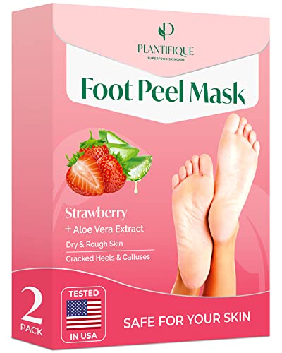 PLANTIFIQUE Foot Peeling Mask 2 Pack | Dermatologically Tested Repairs Heels & Removes Dry Dead Skin for Baby Soft Feet | Exfoliating Foot Peel Mask for Dry Cracked Feet | Strawberry