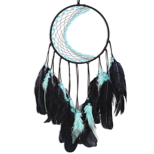 TEESHLY Dream Catcher with Moon Mesh, Handmade Dark Tone Dreamcatcher with Black and Turquoise Feather Wall Hanging Decoration